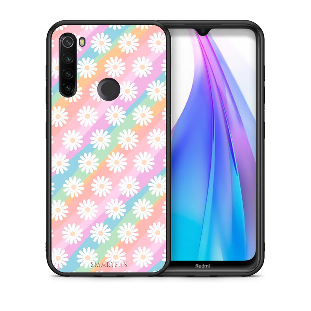 Θήκη Xiaomi Redmi Note 8T White Daisies από τη Smartfits με σχέδιο στο πίσω μέρος και μαύρο περίβλημα | Xiaomi Redmi Note 8 White Daisies case with colorful back and black bezels