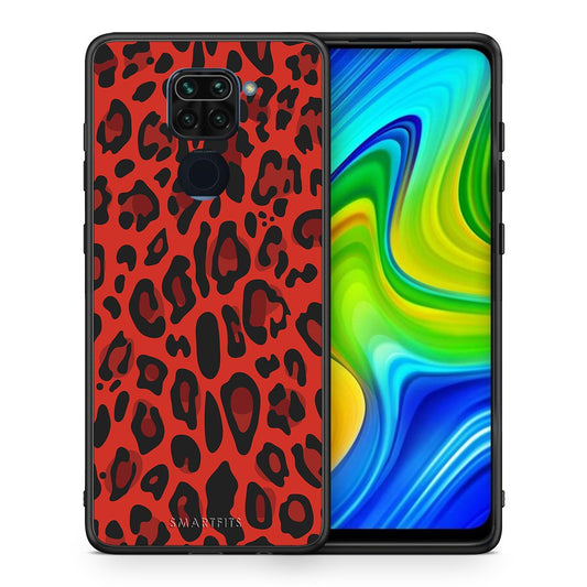 Θήκη Xiaomi Redmi Note 9 Red Leopard Animal από τη Smartfits με σχέδιο στο πίσω μέρος και μαύρο περίβλημα | Xiaomi Redmi Note 9 Red Leopard Animal case with colorful back and black bezels
