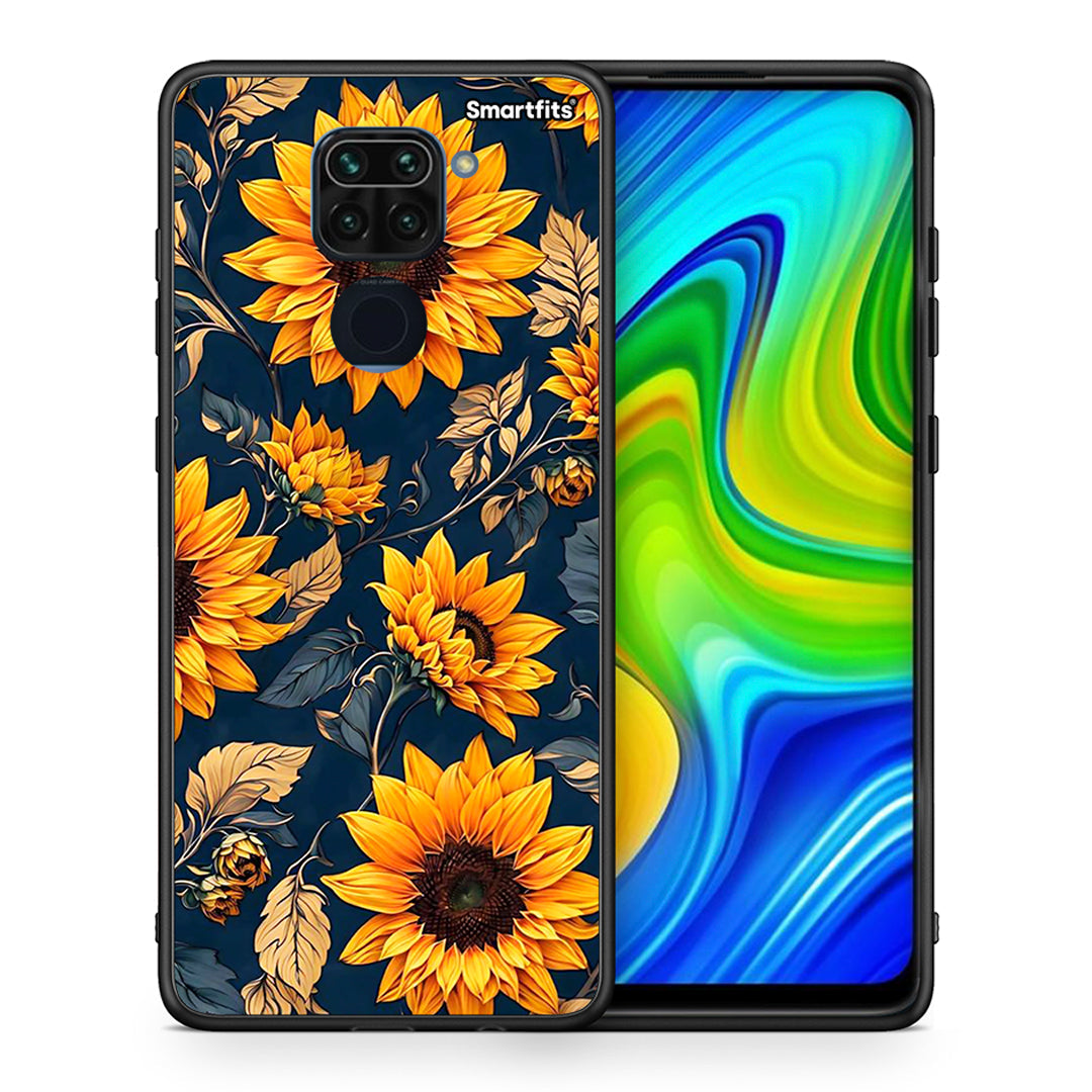 Θήκη Xiaomi Redmi Note 9 Autumn Sunflowers από τη Smartfits με σχέδιο στο πίσω μέρος και μαύρο περίβλημα | Xiaomi Redmi Note 9 Autumn Sunflowers case with colorful back and black bezels