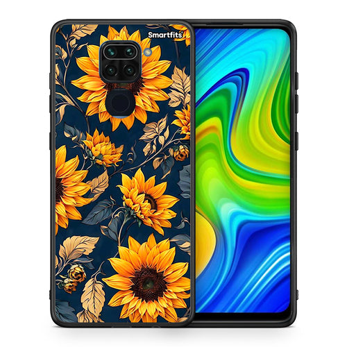 Θήκη Xiaomi Redmi Note 9 Autumn Sunflowers από τη Smartfits με σχέδιο στο πίσω μέρος και μαύρο περίβλημα | Xiaomi Redmi Note 9 Autumn Sunflowers case with colorful back and black bezels