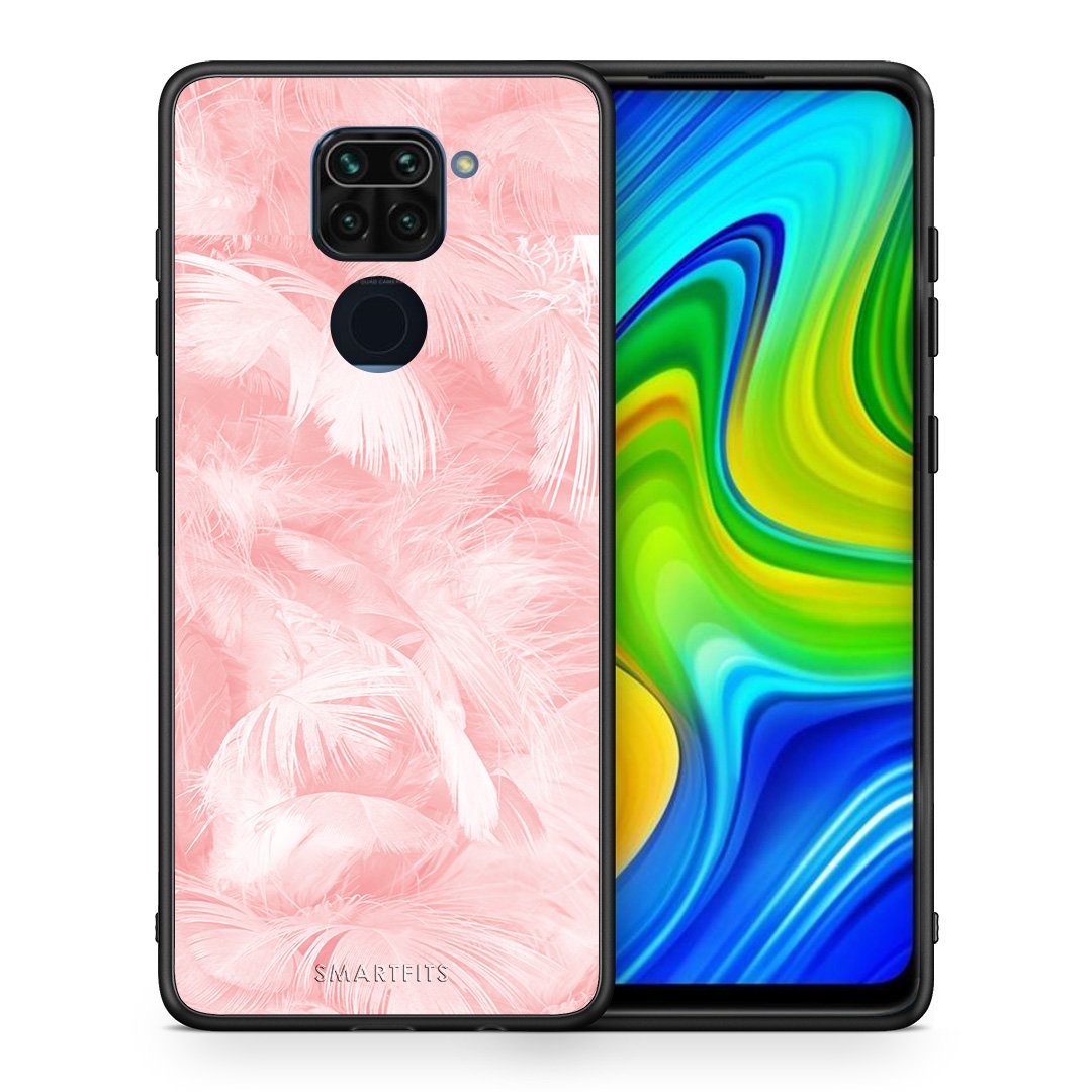 Θήκη Xiaomi Redmi Note 9 Pink Feather Boho από τη Smartfits με σχέδιο στο πίσω μέρος και μαύρο περίβλημα | Xiaomi Redmi Note 9 Pink Feather Boho case with colorful back and black bezels