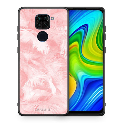 Θήκη Xiaomi Redmi Note 9 Pink Feather Boho από τη Smartfits με σχέδιο στο πίσω μέρος και μαύρο περίβλημα | Xiaomi Redmi Note 9 Pink Feather Boho case with colorful back and black bezels
