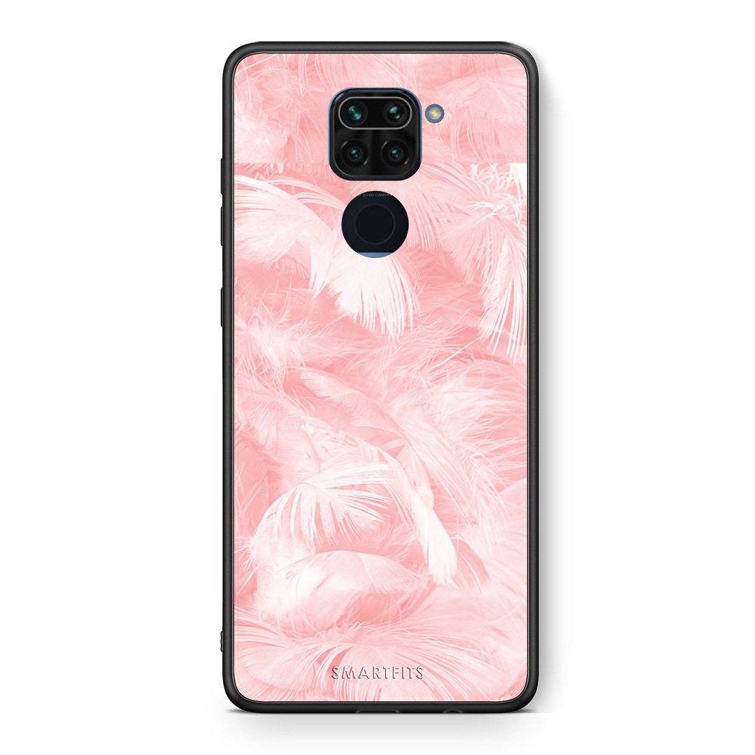 Θήκη Xiaomi Redmi Note 9 Pink Feather Boho από τη Smartfits με σχέδιο στο πίσω μέρος και μαύρο περίβλημα | Xiaomi Redmi Note 9 Pink Feather Boho case with colorful back and black bezels