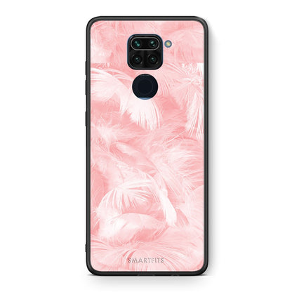 Θήκη Xiaomi Redmi Note 9 Pink Feather Boho από τη Smartfits με σχέδιο στο πίσω μέρος και μαύρο περίβλημα | Xiaomi Redmi Note 9 Pink Feather Boho case with colorful back and black bezels