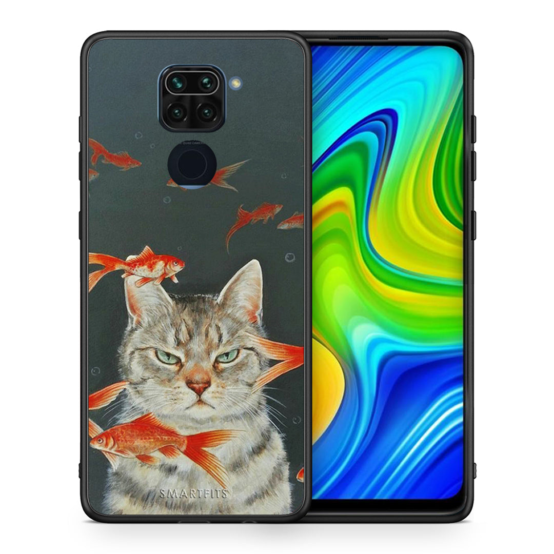 Θήκη Xiaomi Redmi Note 9 Cat Goldfish από τη Smartfits με σχέδιο στο πίσω μέρος και μαύρο περίβλημα | Xiaomi Redmi Note 9 Cat Goldfish case with colorful back and black bezels