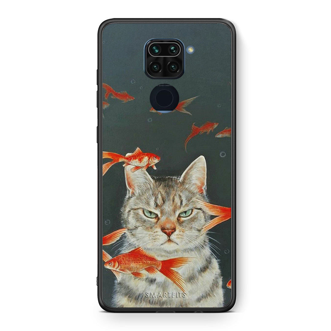 Θήκη Xiaomi Redmi Note 9 Cat Goldfish από τη Smartfits με σχέδιο στο πίσω μέρος και μαύρο περίβλημα | Xiaomi Redmi Note 9 Cat Goldfish case with colorful back and black bezels