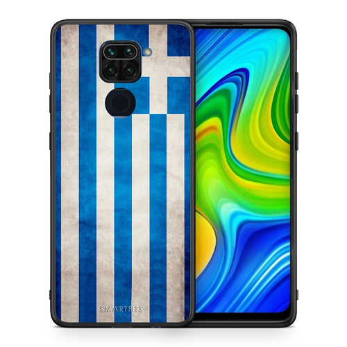 Θήκη Xiaomi Redmi Note 9 Greek Flag από τη Smartfits με σχέδιο στο πίσω μέρος και μαύρο περίβλημα | Xiaomi Redmi Note 9 Greek Flag case with colorful back and black bezels