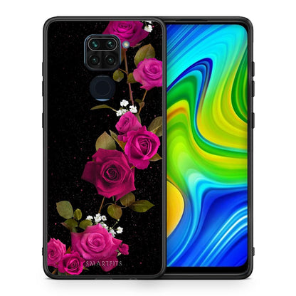 Θήκη Xiaomi Redmi Note 9 Red Roses Flower από τη Smartfits με σχέδιο στο πίσω μέρος και μαύρο περίβλημα | Xiaomi Redmi Note 9 Red Roses Flower case with colorful back and black bezels