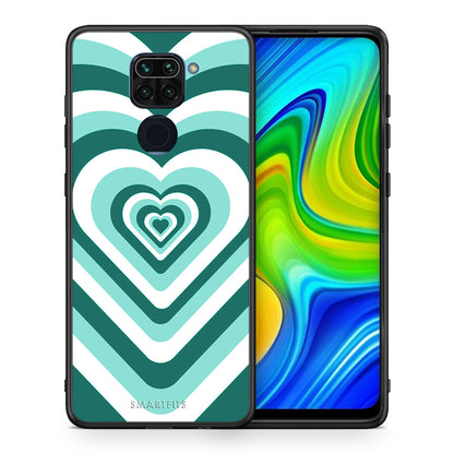 Θήκη Xiaomi Redmi Note 9 Green Hearts από τη Smartfits με σχέδιο στο πίσω μέρος και μαύρο περίβλημα | Xiaomi Redmi Note 9 Green Hearts case with colorful back and black bezels