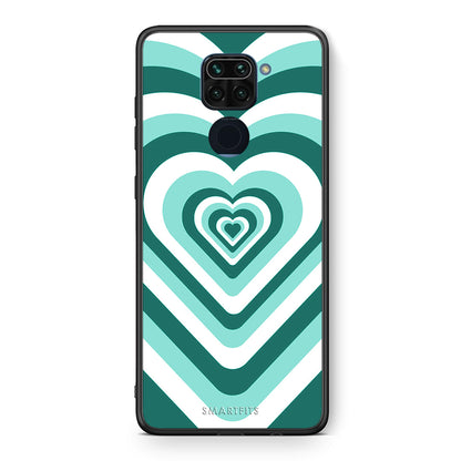 Θήκη Xiaomi Redmi Note 9 Green Hearts από τη Smartfits με σχέδιο στο πίσω μέρος και μαύρο περίβλημα | Xiaomi Redmi Note 9 Green Hearts case with colorful back and black bezels
