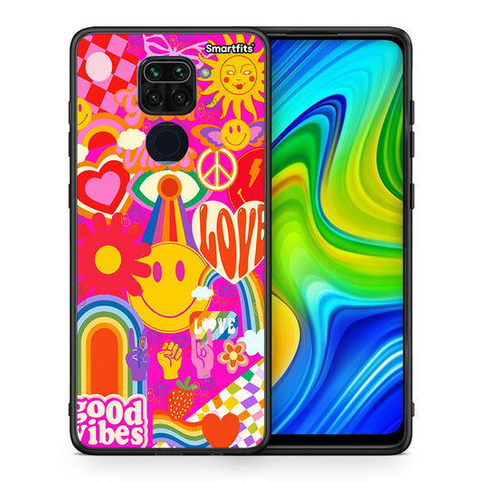 Θήκη Xiaomi Redmi Note 9 Hippie Love από τη Smartfits με σχέδιο στο πίσω μέρος και μαύρο περίβλημα | Xiaomi Redmi Note 9 Hippie Love case with colorful back and black bezels