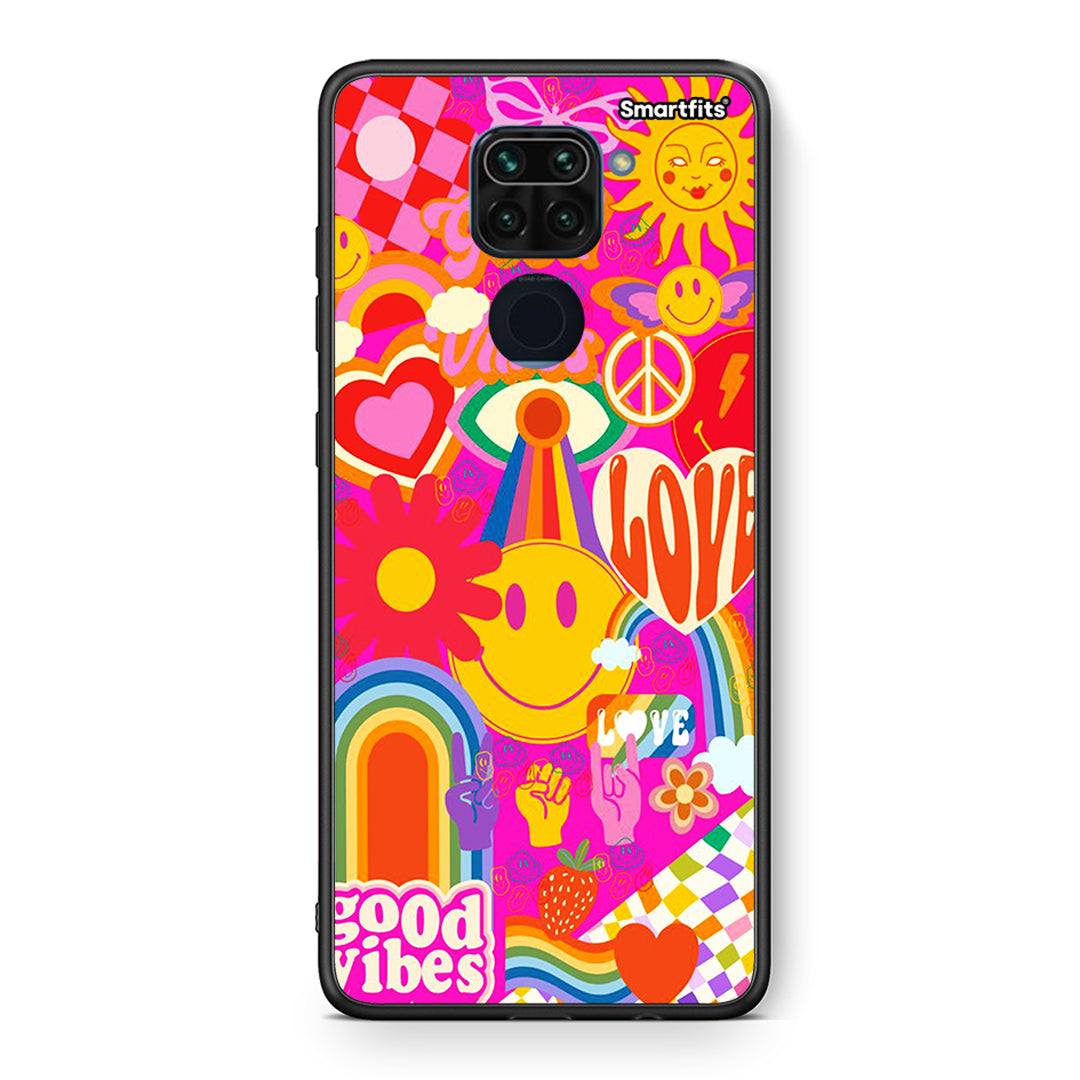 Θήκη Xiaomi Redmi Note 9 Hippie Love από τη Smartfits με σχέδιο στο πίσω μέρος και μαύρο περίβλημα | Xiaomi Redmi Note 9 Hippie Love case with colorful back and black bezels
