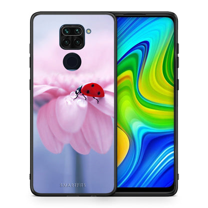 Θήκη Xiaomi Redmi Note 9 Ladybug Flower από τη Smartfits με σχέδιο στο πίσω μέρος και μαύρο περίβλημα | Xiaomi Redmi Note 9 Ladybug Flower case with colorful back and black bezels