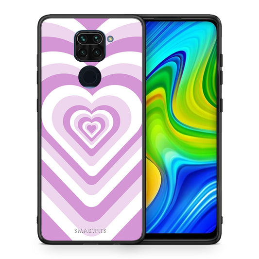 Θήκη Xiaomi Redmi Note 9 Lilac Hearts από τη Smartfits με σχέδιο στο πίσω μέρος και μαύρο περίβλημα | Xiaomi Redmi Note 9 Lilac Hearts case with colorful back and black bezels