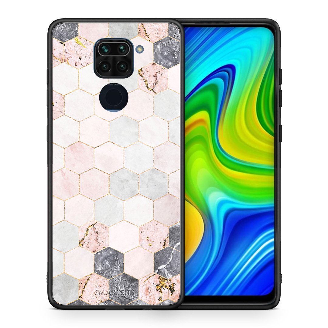 Θήκη Xiaomi Redmi Note 9 Hexagon Pink Marble από τη Smartfits με σχέδιο στο πίσω μέρος και μαύρο περίβλημα | Xiaomi Redmi Note 9 Hexagon Pink Marble case with colorful back and black bezels