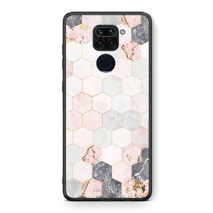 Θήκη Xiaomi Redmi Note 9 Hexagon Pink Marble από τη Smartfits με σχέδιο στο πίσω μέρος και μαύρο περίβλημα | Xiaomi Redmi Note 9 Hexagon Pink Marble case with colorful back and black bezels