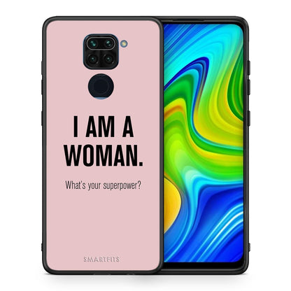 Θήκη Xiaomi Redmi Note 9 Superpower Woman από τη Smartfits με σχέδιο στο πίσω μέρος και μαύρο περίβλημα | Xiaomi Redmi Note 9 Superpower Woman case with colorful back and black bezels