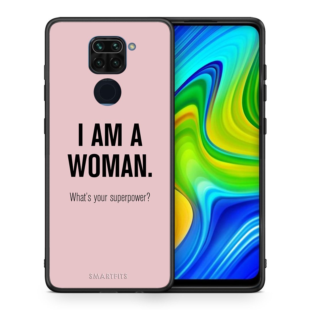 Θήκη Xiaomi Redmi Note 9 Superpower Woman από τη Smartfits με σχέδιο στο πίσω μέρος και μαύρο περίβλημα | Xiaomi Redmi Note 9 Superpower Woman case with colorful back and black bezels