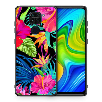 Θήκη Xiaomi Redmi Note 9 Tropical Flowers από τη Smartfits με σχέδιο στο πίσω μέρος και μαύρο περίβλημα | Xiaomi Redmi Note 9 Tropical Flowers case with colorful back and black bezels