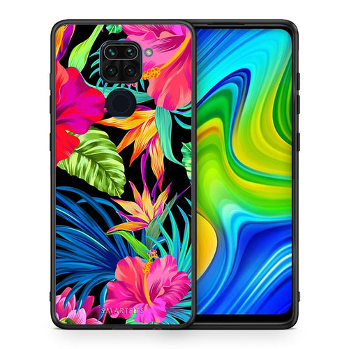 Θήκη Xiaomi Redmi Note 9 Tropical Flowers από τη Smartfits με σχέδιο στο πίσω μέρος και μαύρο περίβλημα | Xiaomi Redmi Note 9 Tropical Flowers case with colorful back and black bezels