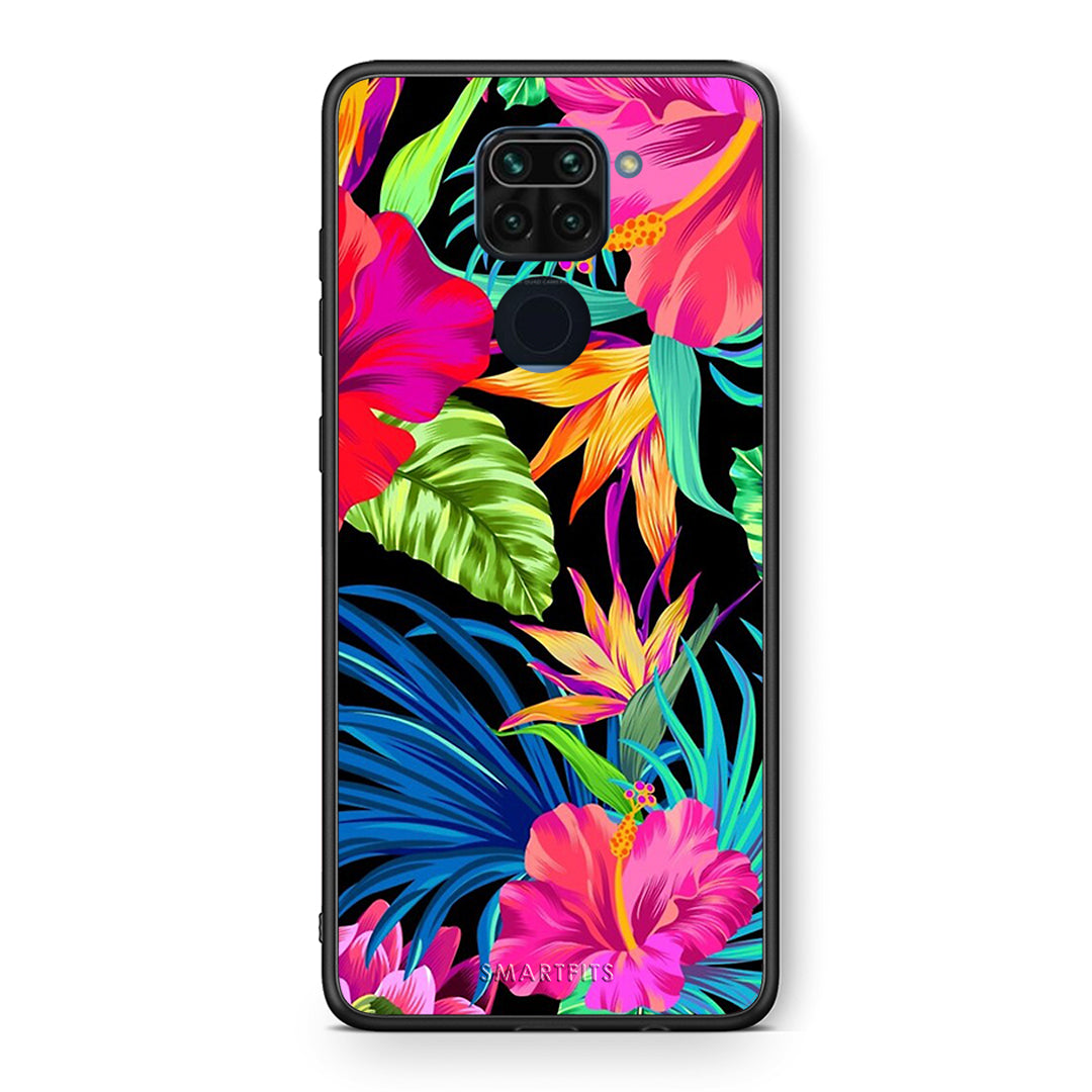 Θήκη Xiaomi Redmi Note 9 Tropical Flowers από τη Smartfits με σχέδιο στο πίσω μέρος και μαύρο περίβλημα | Xiaomi Redmi Note 9 Tropical Flowers case with colorful back and black bezels