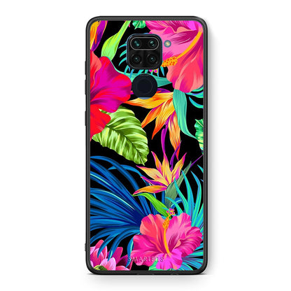 Θήκη Xiaomi Redmi Note 9 Tropical Flowers από τη Smartfits με σχέδιο στο πίσω μέρος και μαύρο περίβλημα | Xiaomi Redmi Note 9 Tropical Flowers case with colorful back and black bezels
