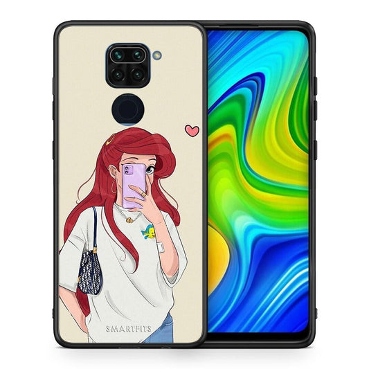 Θήκη Xiaomi Redmi Note 9 Walking Mermaid από τη Smartfits με σχέδιο στο πίσω μέρος και μαύρο περίβλημα | Xiaomi Redmi Note 9 Walking Mermaid case with colorful back and black bezels