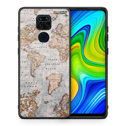 Θήκη Xiaomi Redmi Note 9 World Map από τη Smartfits με σχέδιο στο πίσω μέρος και μαύρο περίβλημα | Xiaomi Redmi Note 9 World Map case with colorful back and black bezels