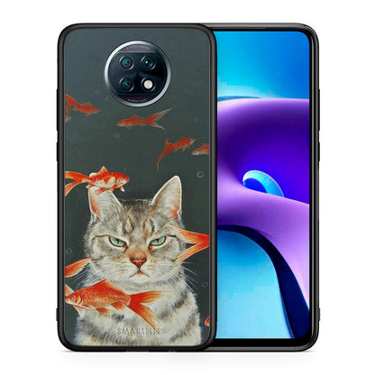 Θήκη Xiaomi Redmi Note 9T Cat Goldfish από τη Smartfits με σχέδιο στο πίσω μέρος και μαύρο περίβλημα | Xiaomi Redmi Note 9T Cat Goldfish case with colorful back and black bezels