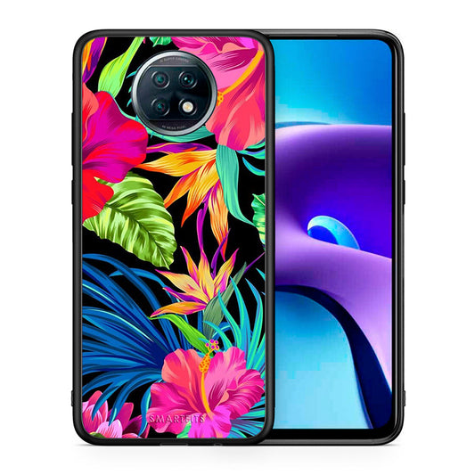Θήκη Xiaomi Redmi Note 9T Tropical Flowers από τη Smartfits με σχέδιο στο πίσω μέρος και μαύρο περίβλημα | Xiaomi Redmi Note 9T Tropical Flowers case with colorful back and black bezels