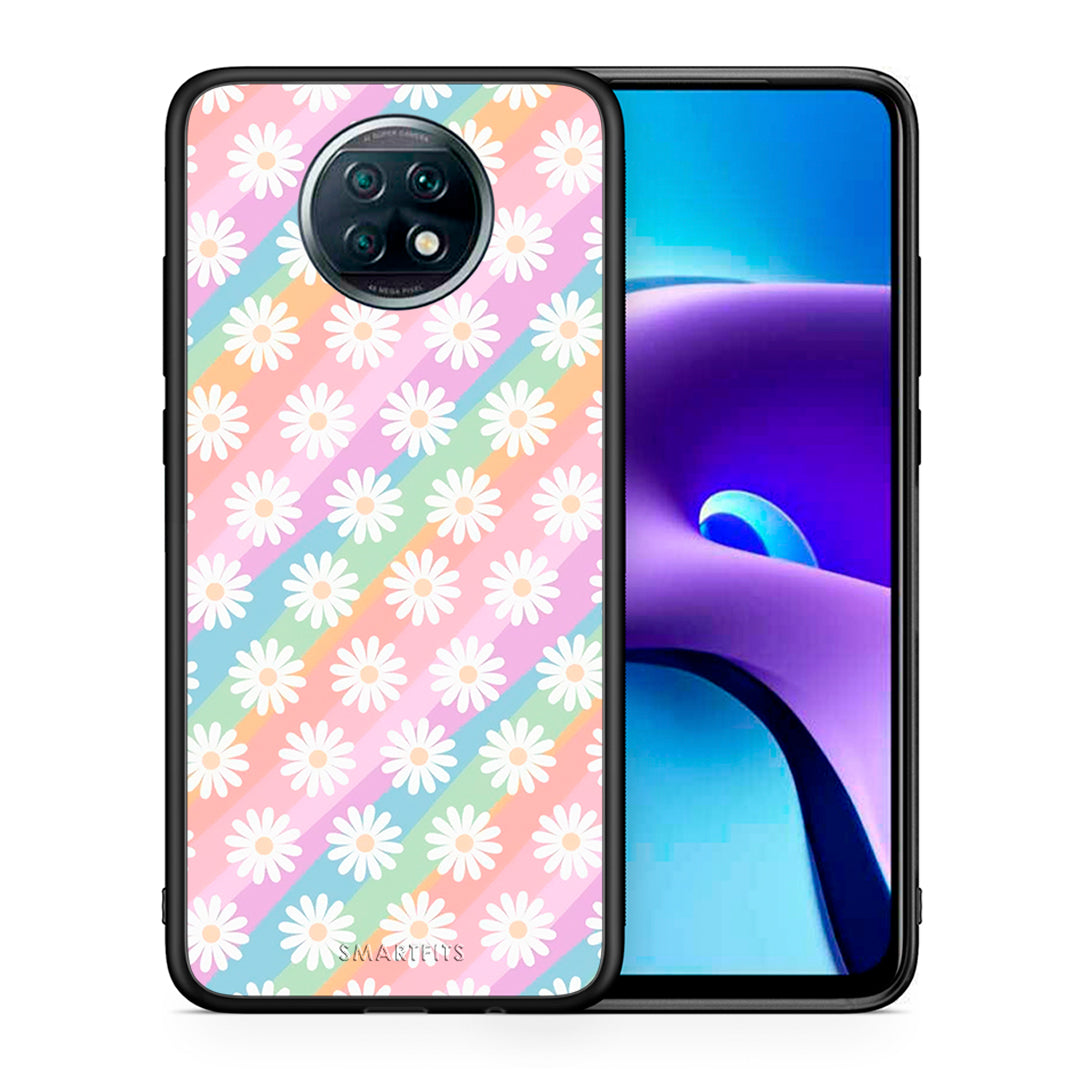 Θήκη Xiaomi Redmi Note 9T White Daisies από τη Smartfits με σχέδιο στο πίσω μέρος και μαύρο περίβλημα | Xiaomi Redmi Note 9T White Daisies case with colorful back and black bezels