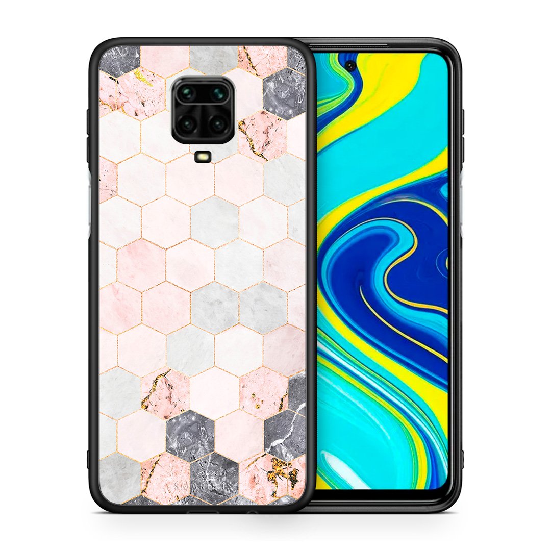Θήκη Xiaomi Redmi Note 9S / 9 Pro Hexagon Pink Marble από τη Smartfits με σχέδιο στο πίσω μέρος και μαύρο περίβλημα | Xiaomi Redmi Note 9S / 9 Pro Hexagon Pink Marble case with colorful back and black bezels