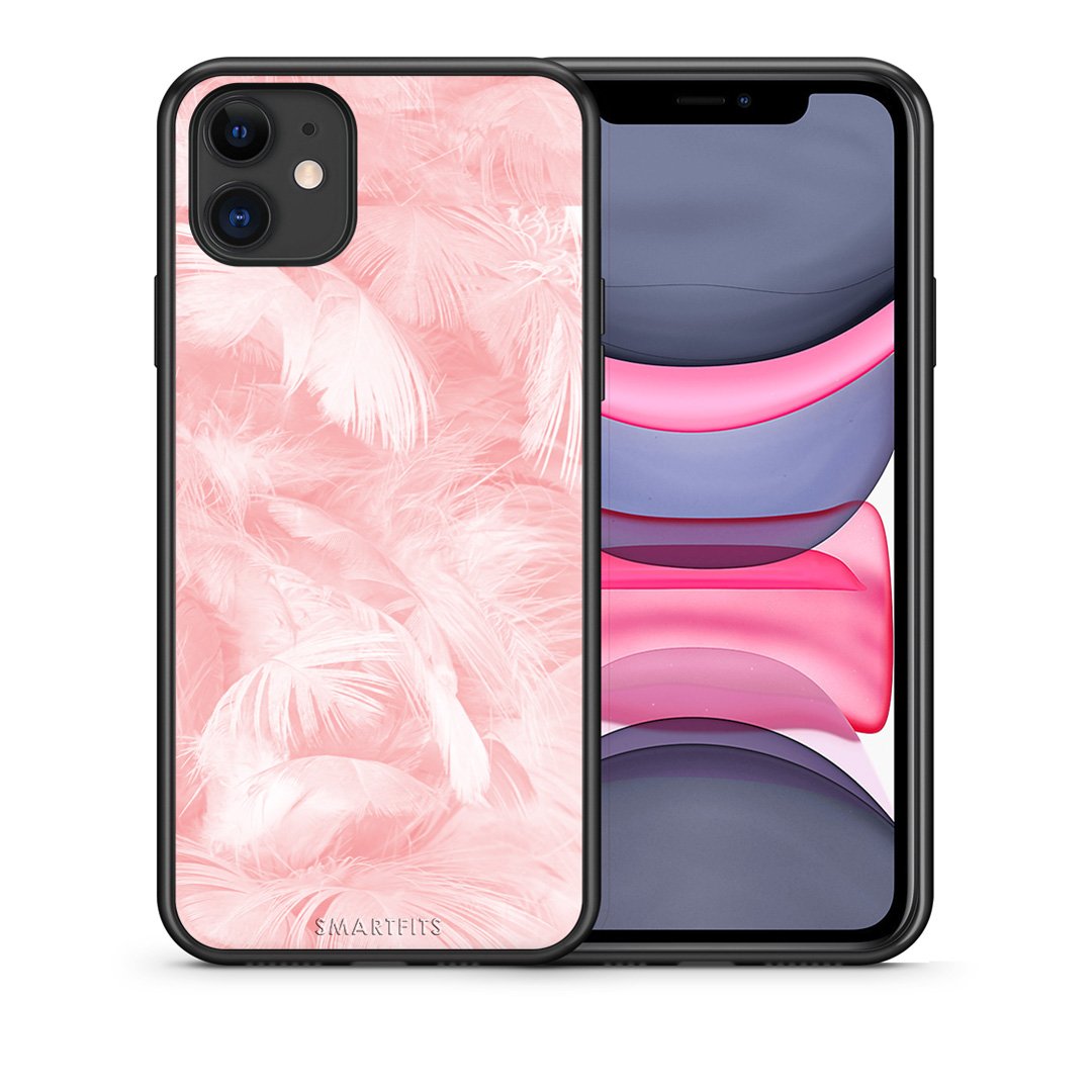 Θήκη iPhone 11 Pink Feather Boho από τη Smartfits με σχέδιο στο πίσω μέρος και μαύρο περίβλημα | iPhone 11 Pink Feather Boho case with colorful back and black bezels