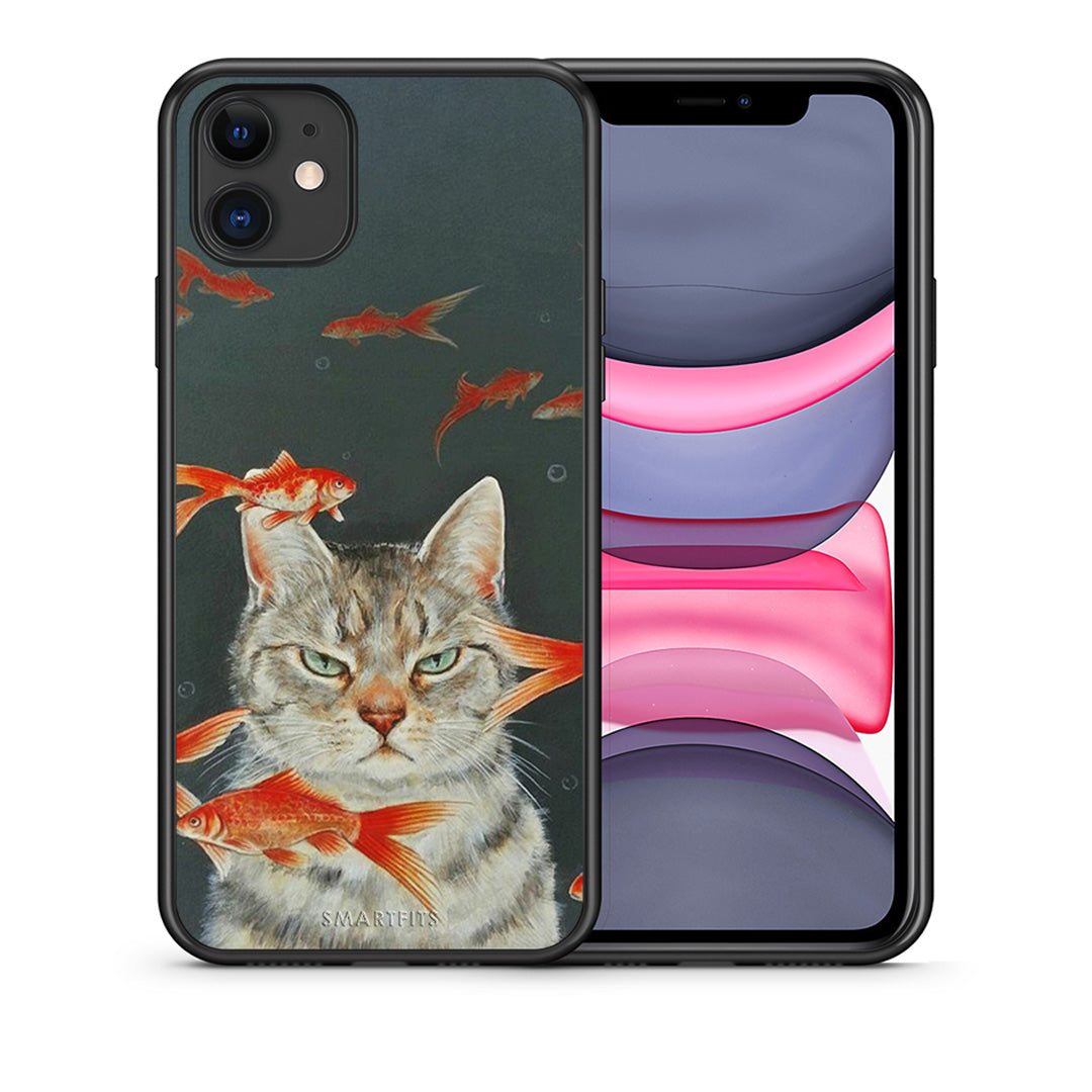 Θήκη iPhone 11 Cat Goldfish από τη Smartfits με σχέδιο στο πίσω μέρος και μαύρο περίβλημα | iPhone 11 Cat Goldfish case with colorful back and black bezels