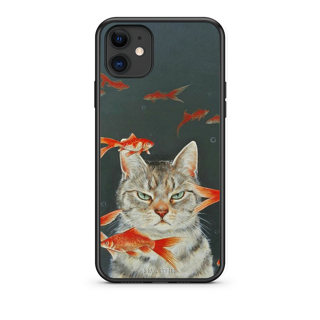 iPhone 11 Cat Goldfish θήκη από τη Smartfits με σχέδιο στο πίσω μέρος και μαύρο περίβλημα | Smartphone case with colorful back and black bezels by Smartfits