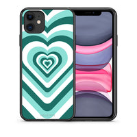 Thumbnail for Θήκη iPhone 11 Green Hearts από τη Smartfits με σχέδιο στο πίσω μέρος και μαύρο περίβλημα | iPhone 11 Green Hearts case with colorful back and black bezels