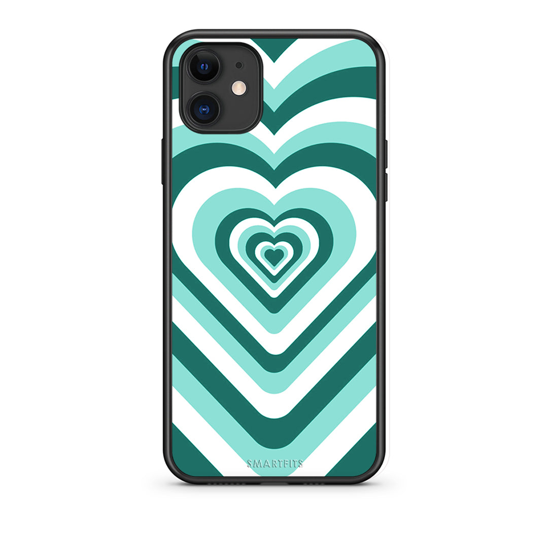 iPhone 11 Green Hearts θήκη από τη Smartfits με σχέδιο στο πίσω μέρος και μαύρο περίβλημα | Smartphone case with colorful back and black bezels by Smartfits