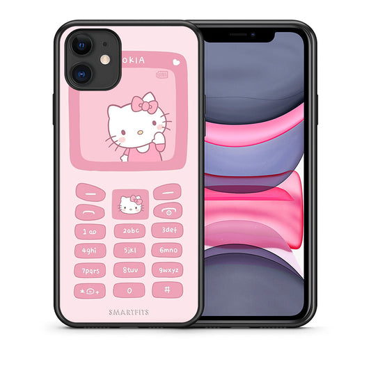 Θήκη Αγίου Βαλεντίνου iPhone 11 Hello Kitten από τη Smartfits με σχέδιο στο πίσω μέρος και μαύρο περίβλημα | iPhone 11 Hello Kitten case with colorful back and black bezels