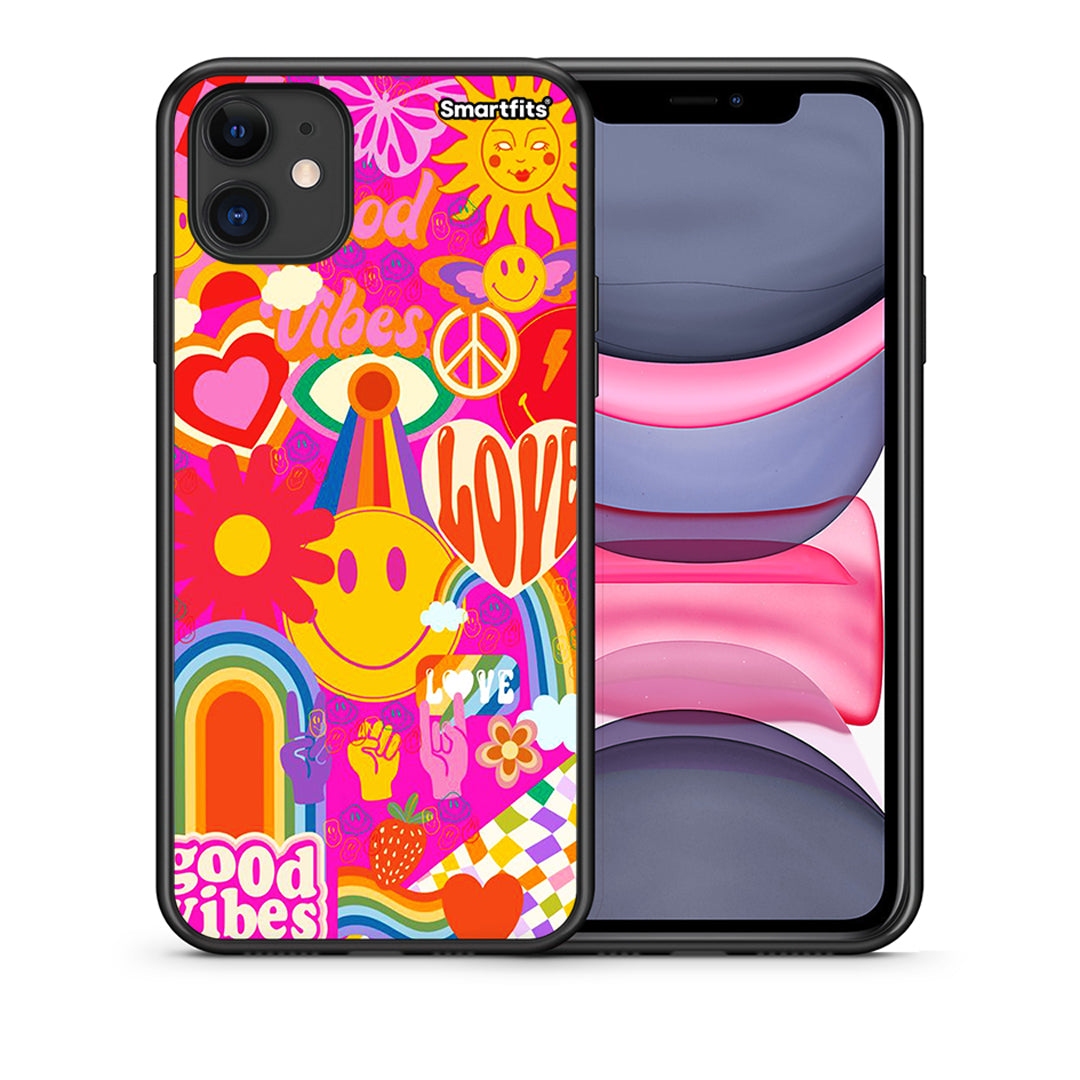 Θήκη iPhone 11 Hippie Love από τη Smartfits με σχέδιο στο πίσω μέρος και μαύρο περίβλημα | iPhone 11 Hippie Love case with colorful back and black bezels