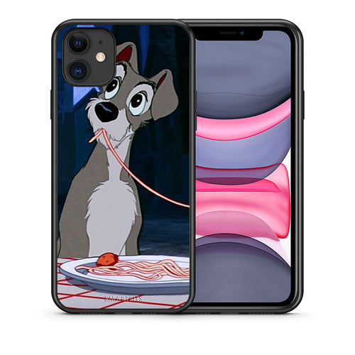 Θήκη Αγίου Βαλεντίνου iPhone 11 Lady And Tramp 1 από τη Smartfits με σχέδιο στο πίσω μέρος και μαύρο περίβλημα | iPhone 11 Lady And Tramp 1 case with colorful back and black bezels