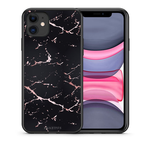 Θήκη iPhone 11 Black Rosegold Marble από τη Smartfits με σχέδιο στο πίσω μέρος και μαύρο περίβλημα | iPhone 11 Black Rosegold Marble case with colorful back and black bezels