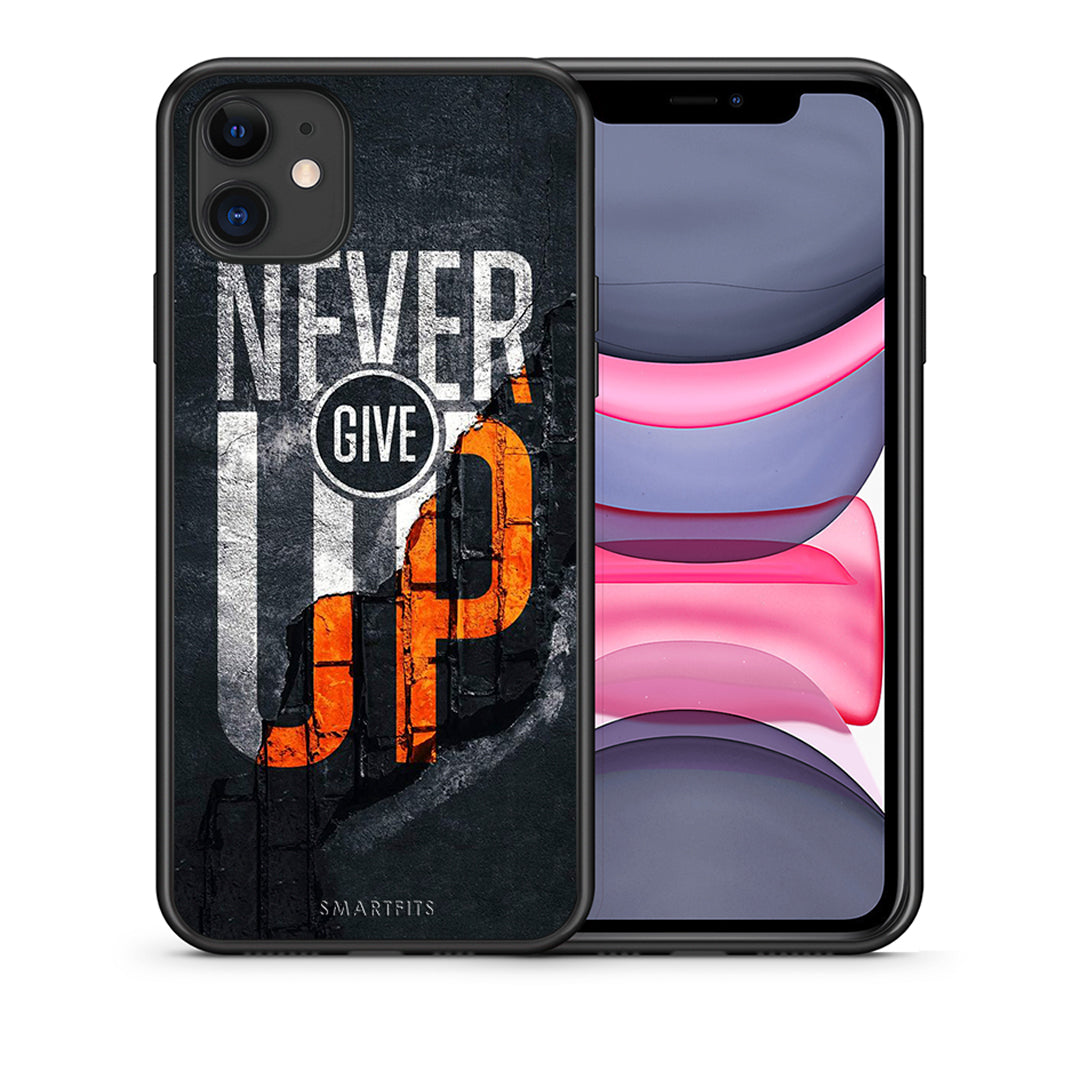 Θήκη Αγίου Βαλεντίνου iPhone 11 Never Give Up από τη Smartfits με σχέδιο στο πίσω μέρος και μαύρο περίβλημα | iPhone 11 Never Give Up case with colorful back and black bezels