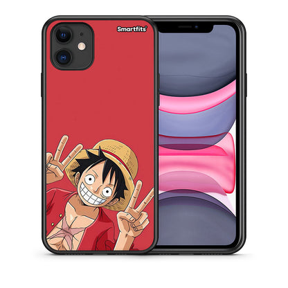 Θήκη iPhone 11 Pirate Luffy από τη Smartfits με σχέδιο στο πίσω μέρος και μαύρο περίβλημα | iPhone 11 Pirate Luffy case with colorful back and black bezels