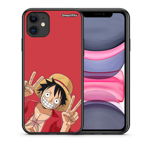 Θήκη iPhone 11 Pirate Luffy από τη Smartfits με σχέδιο στο πίσω μέρος και μαύρο περίβλημα | iPhone 11 Pirate Luffy case with colorful back and black bezels