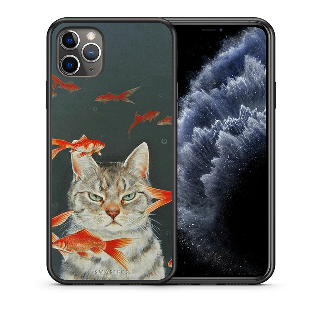 Θήκη iPhone 11 Pro Max Cat Goldfish από τη Smartfits με σχέδιο στο πίσω μέρος και μαύρο περίβλημα | iPhone 11 Pro Max Cat Goldfish case with colorful back and black bezels