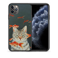 Thumbnail for Θήκη iPhone 11 Pro Max Cat Goldfish από τη Smartfits με σχέδιο στο πίσω μέρος και μαύρο περίβλημα | iPhone 11 Pro Max Cat Goldfish case with colorful back and black bezels