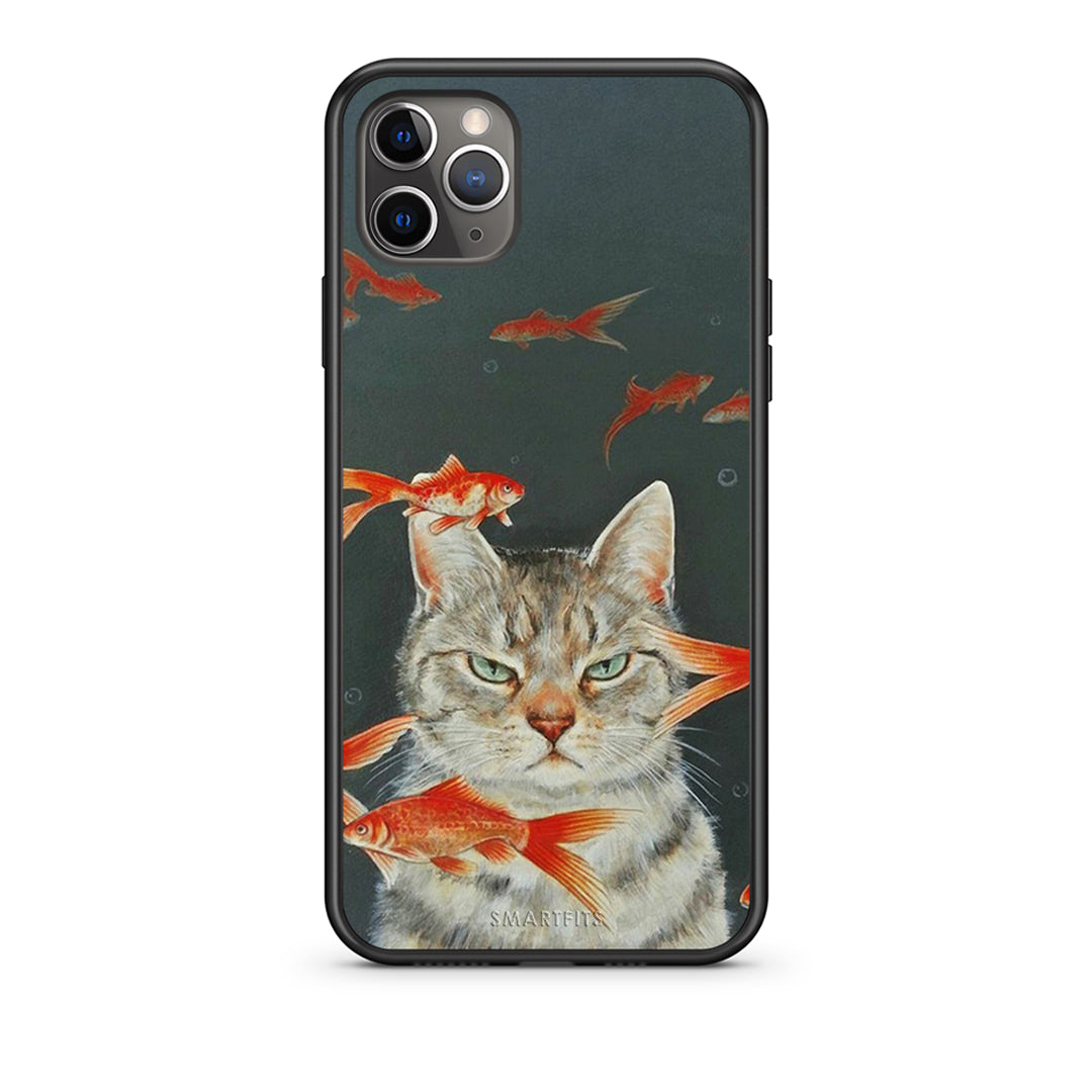 iPhone 11 Pro Max Cat Goldfish θήκη από τη Smartfits με σχέδιο στο πίσω μέρος και μαύρο περίβλημα | Smartphone case with colorful back and black bezels by Smartfits