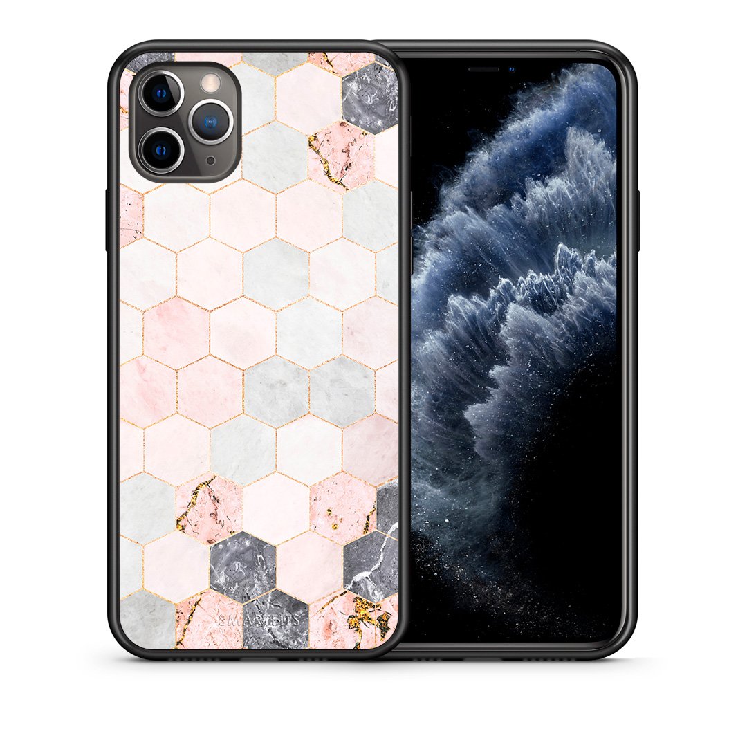Θήκη iPhone 11 Pro Hexagon Pink Marble από τη Smartfits με σχέδιο στο πίσω μέρος και μαύρο περίβλημα | iPhone 11 Pro Hexagon Pink Marble case with colorful back and black bezels