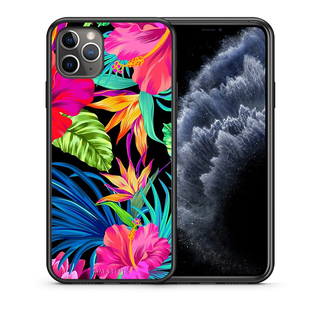 Θήκη iPhone 11 Pro Max Tropical Flowers από τη Smartfits με σχέδιο στο πίσω μέρος και μαύρο περίβλημα | iPhone 11 Pro Max Tropical Flowers case with colorful back and black bezels
