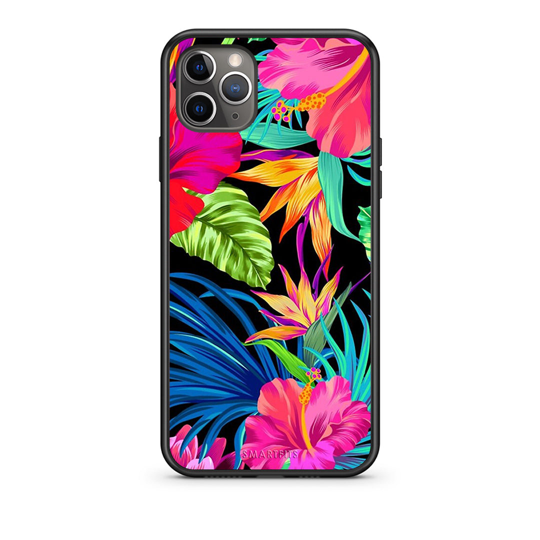 iPhone 11 Pro Tropical Flowers θήκη από τη Smartfits με σχέδιο στο πίσω μέρος και μαύρο περίβλημα | Smartphone case with colorful back and black bezels by Smartfits